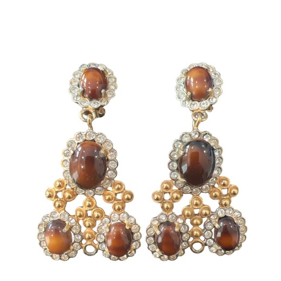 Vtg KJL Chandelier Earrings Clip on Brown Cabochon Rhinestone Dangle 60's